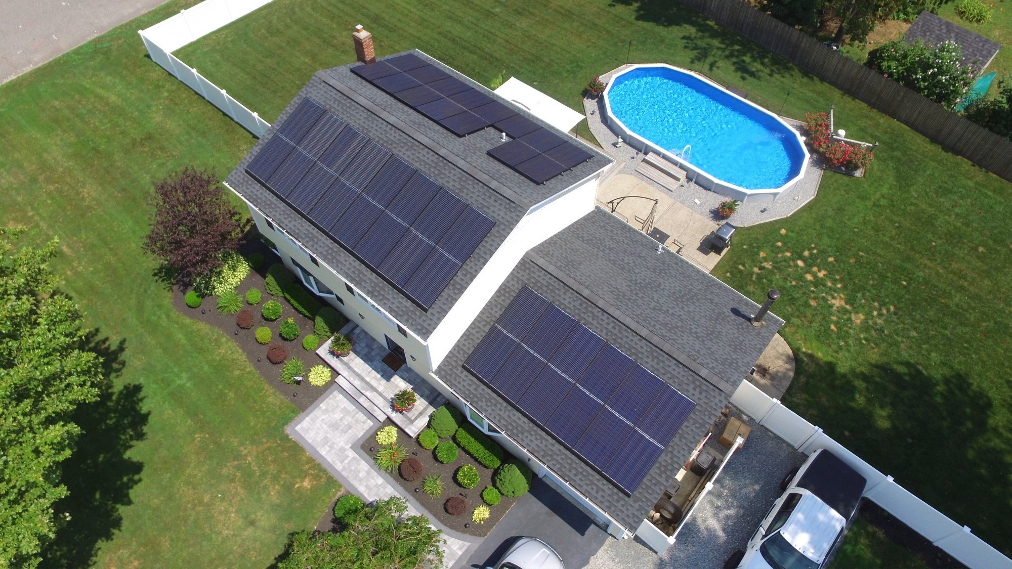Completed roof and solar installation, aerial view