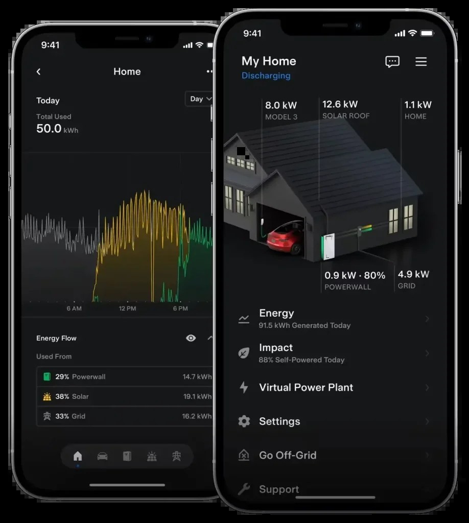 Tesla Energy app showing home energy monitoring