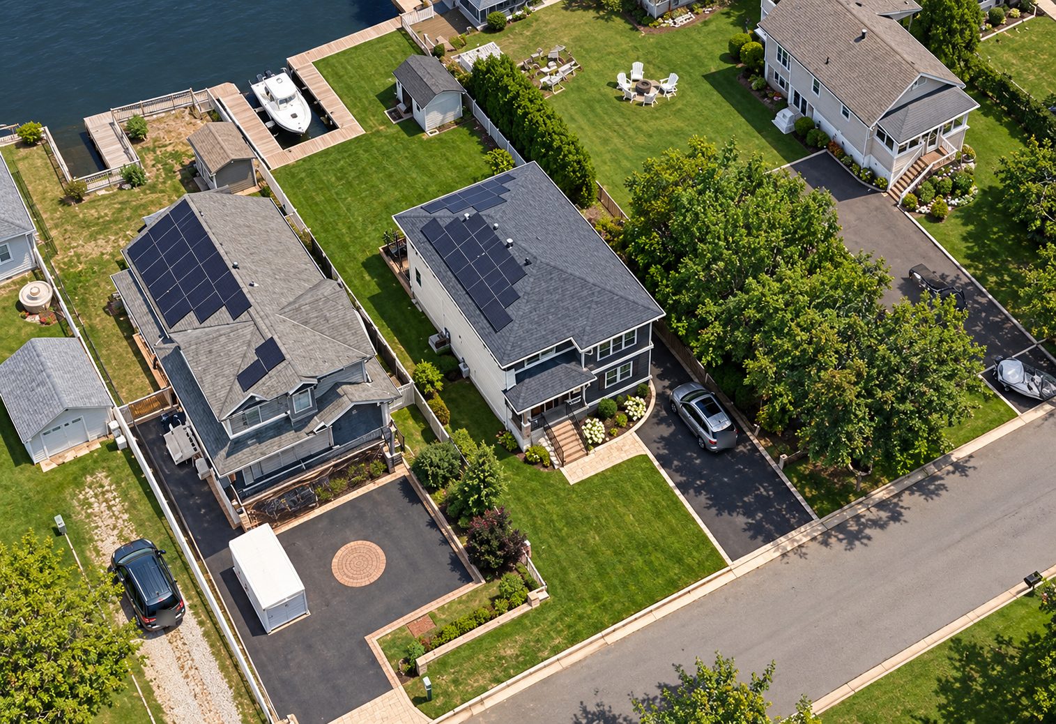 Aerial view of an Amityville home with rooftop solar
