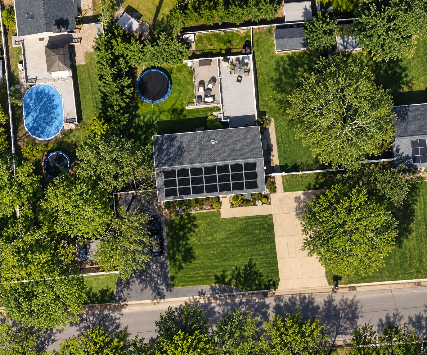Aerial view of a Patchogue home with a 21-panel solar array