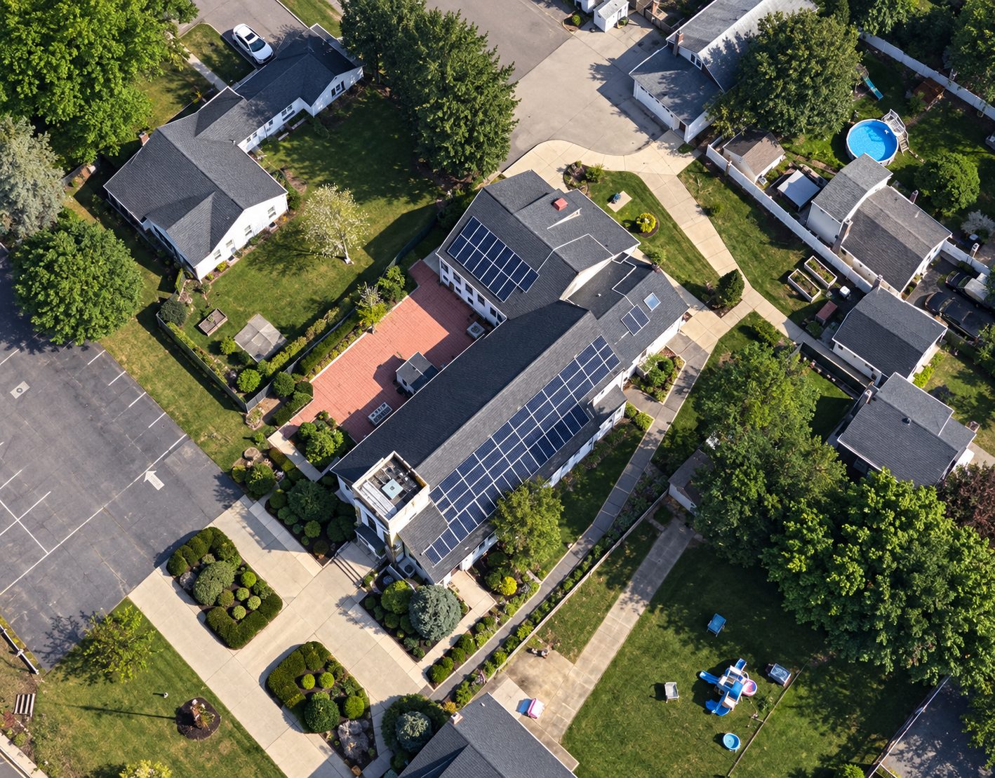 Aerial view of St. Mary's in Ronkonkoma with solar panels on the roof