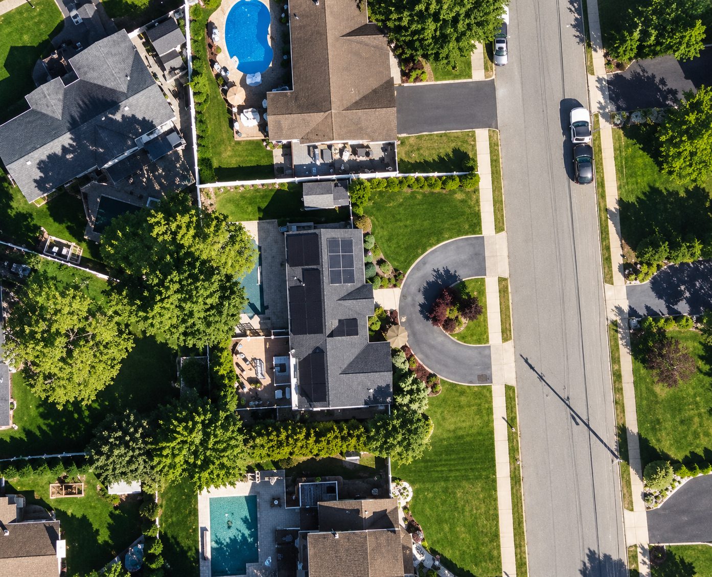 Drone view of a Sayville home with rooftop solar