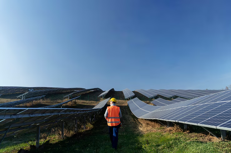 aqa A professional inspecting the newly installed solar panels at a commercial site. To get a free estimate, contact us today.<br />