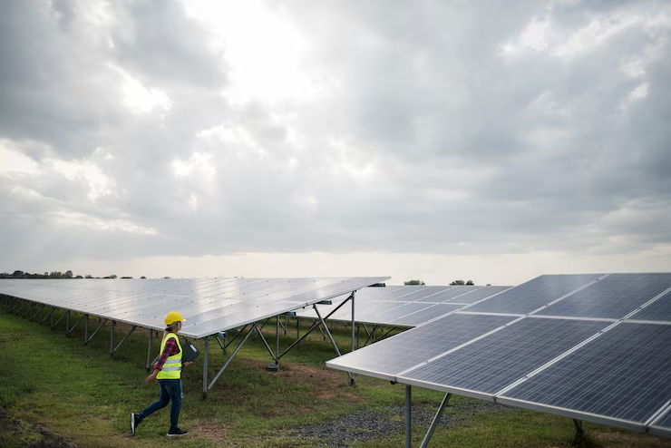 aqaqaq A solar professional checking the maintenance of solar panels in a commercial area. Get a free estimate today by getting in touch with us.<br />