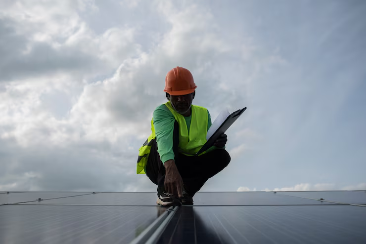 A solar engineer checks the maintenance of the newly installed solar panels. To get a free estimate, contact us today.<br />
