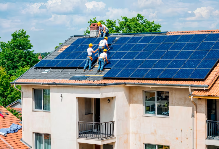 swe Solar experts installing solar panels on a residential rooftop. To get a free estimate, call us today.<br />
