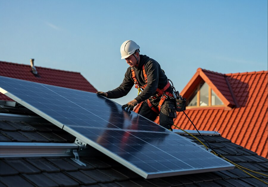 zaq A professional installing solar panels on a roof with precision and care. Get a free estimate today by getting in touch with us.